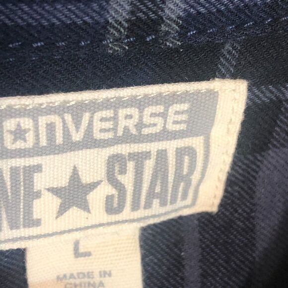 Converse One Star Men's Flannel Shirt L Blue Gray Black Plaid Long Sleeve Button - Picture 4 of 6